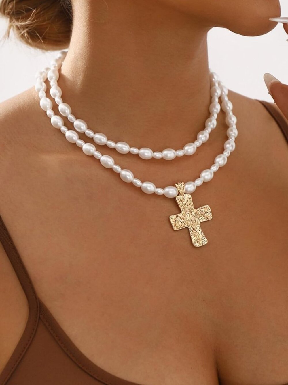 Chunky Gold Cross Necklace for Women Statement Hammered Bold Pendant Layered Vin - Picture 2 of 6